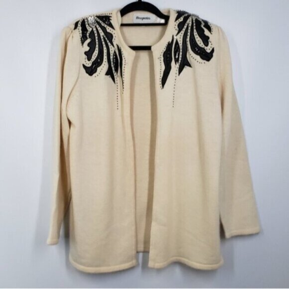 Vintage Lambswool Angora Open Cardigan Sweater Faux Leather Details with Bead… - Picture 4 of 15
